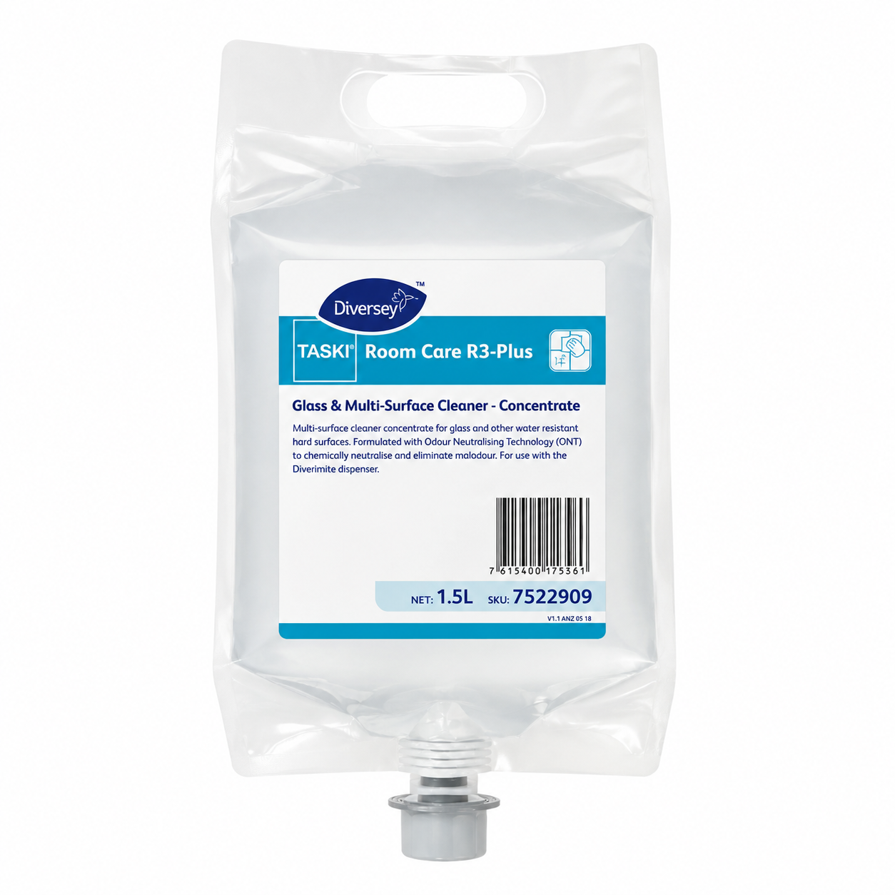 Diversey Taski™ Divermite R3 Plus Glass & Multi-Surface Cleaner Concentrate - 1.5L | Closed-Loop Dispenser Pouch | Streak-Free Rapid Soil Remover for Windows & Mirrors